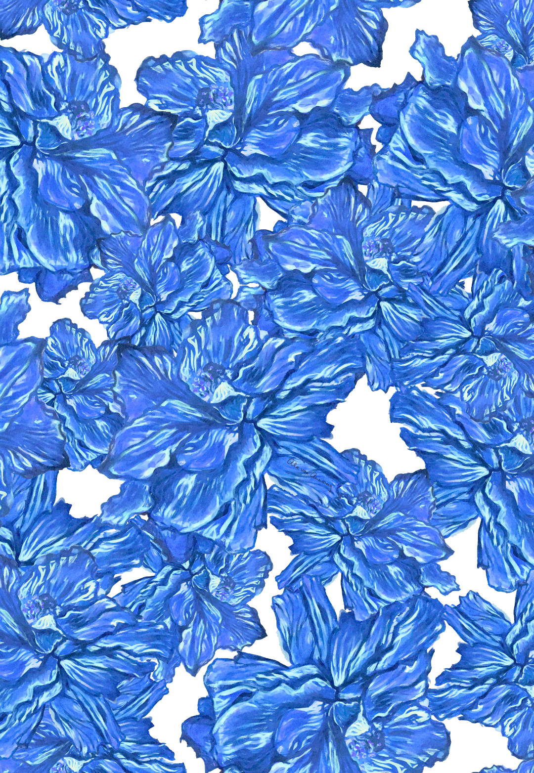 blue floral hibiscus print by designer Ala von Auersperg for women's luxury printed clothing