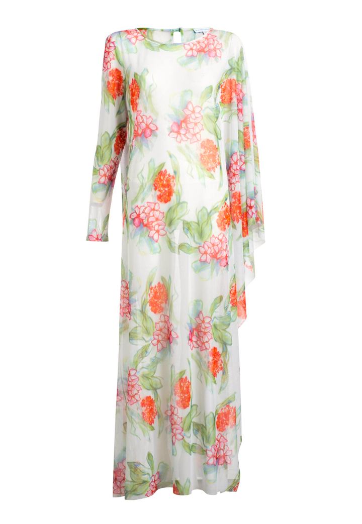 Mesh topper kaftan poncho with floral print for women's tropical clothing