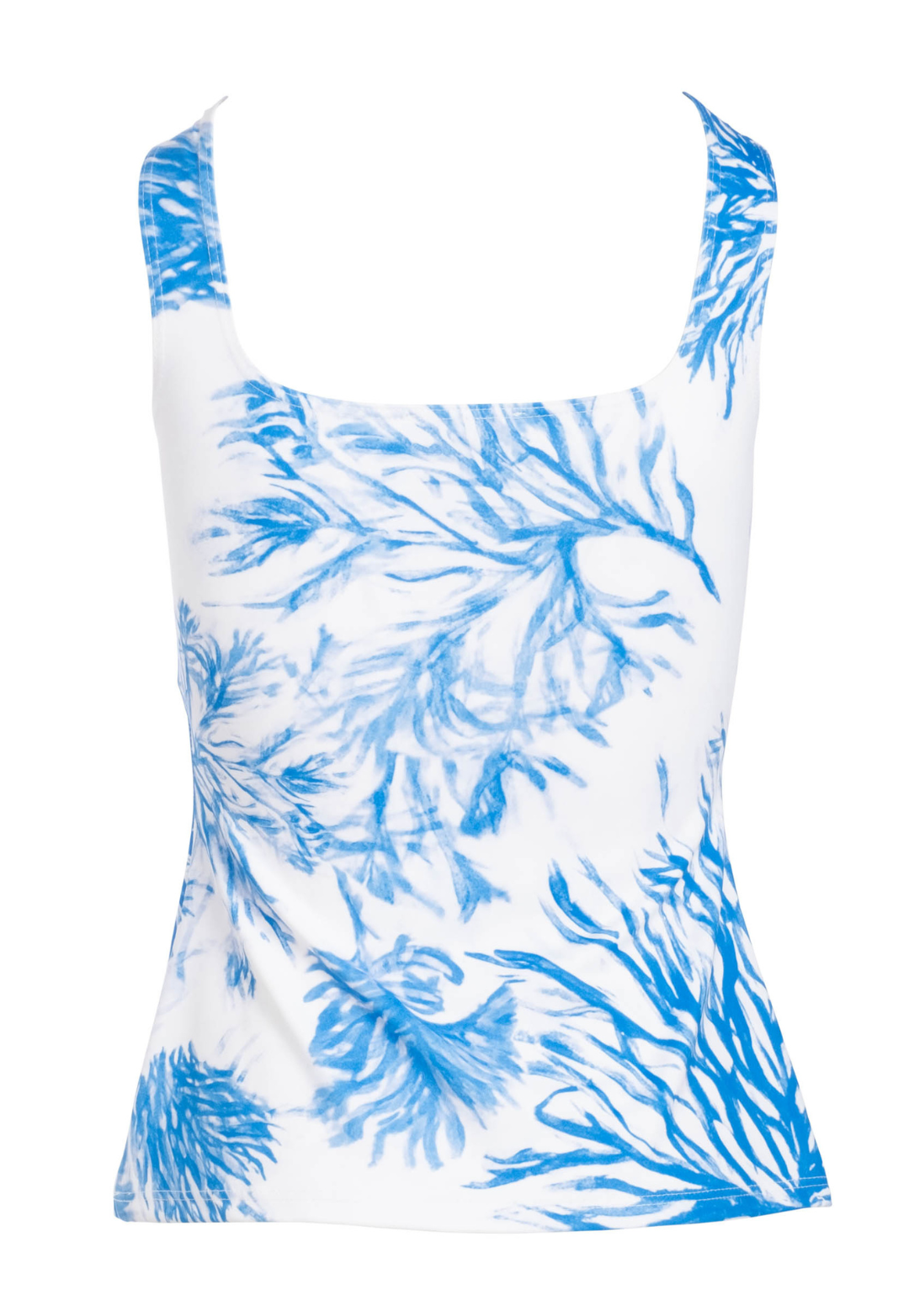 Women's stretch knit tank top in blue and white print by Ala von Auersperg for luxury travel clothing