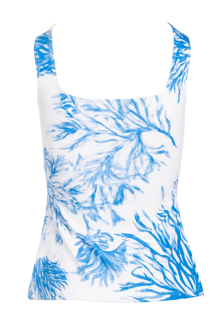 Women's stretch knit tank top in blue and white print by Ala von Auersperg for luxury travel clothing