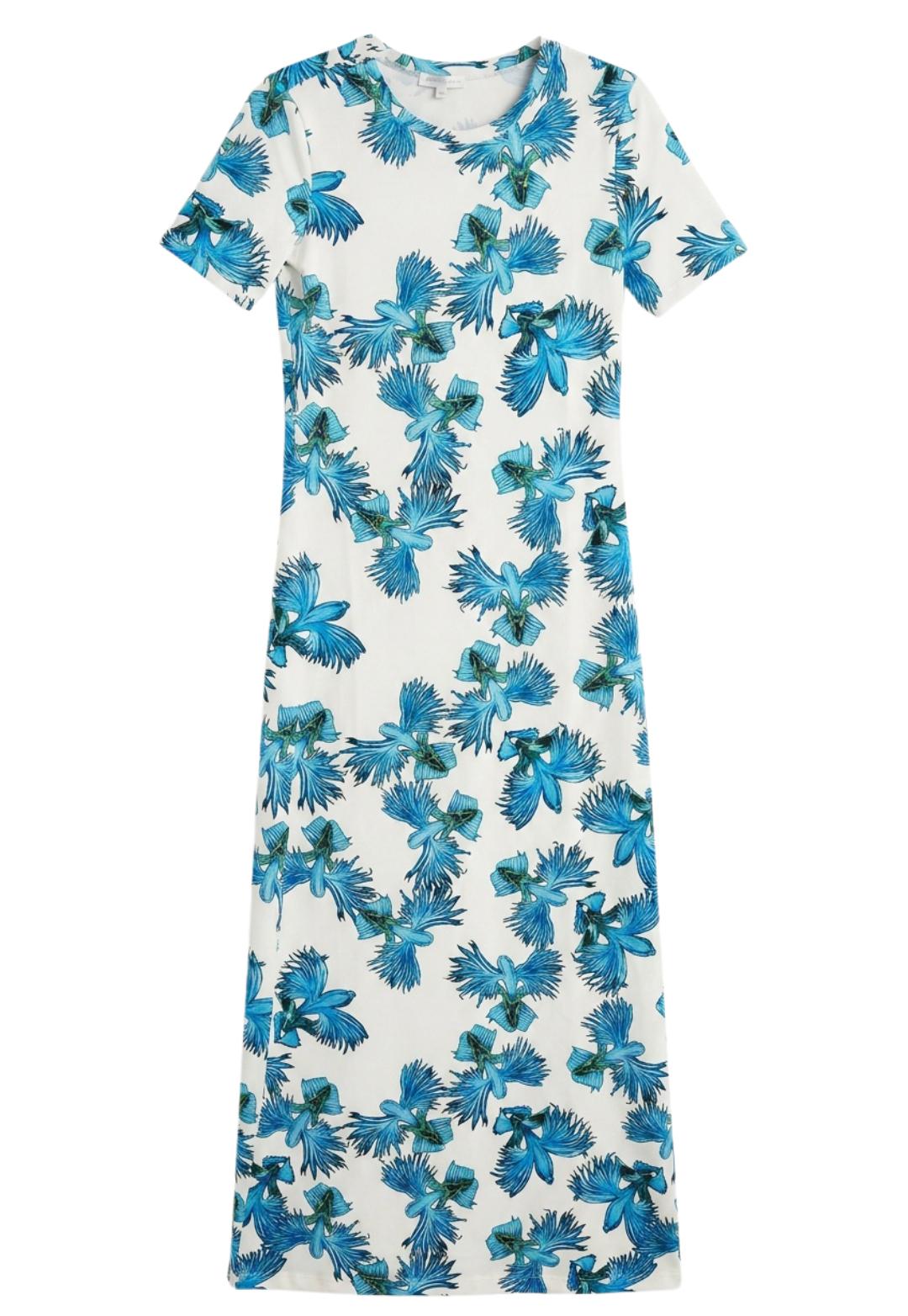 A short-sleeve maxi dress with a white base and an all-over blue floral print, shown flat against a white background.