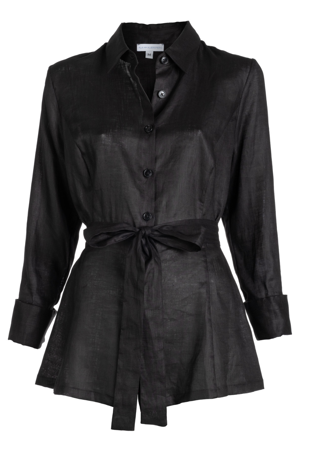 Woman wearing black linen shirt blouse with tie and italian stretch cotton black pants by Ala von Auersperg