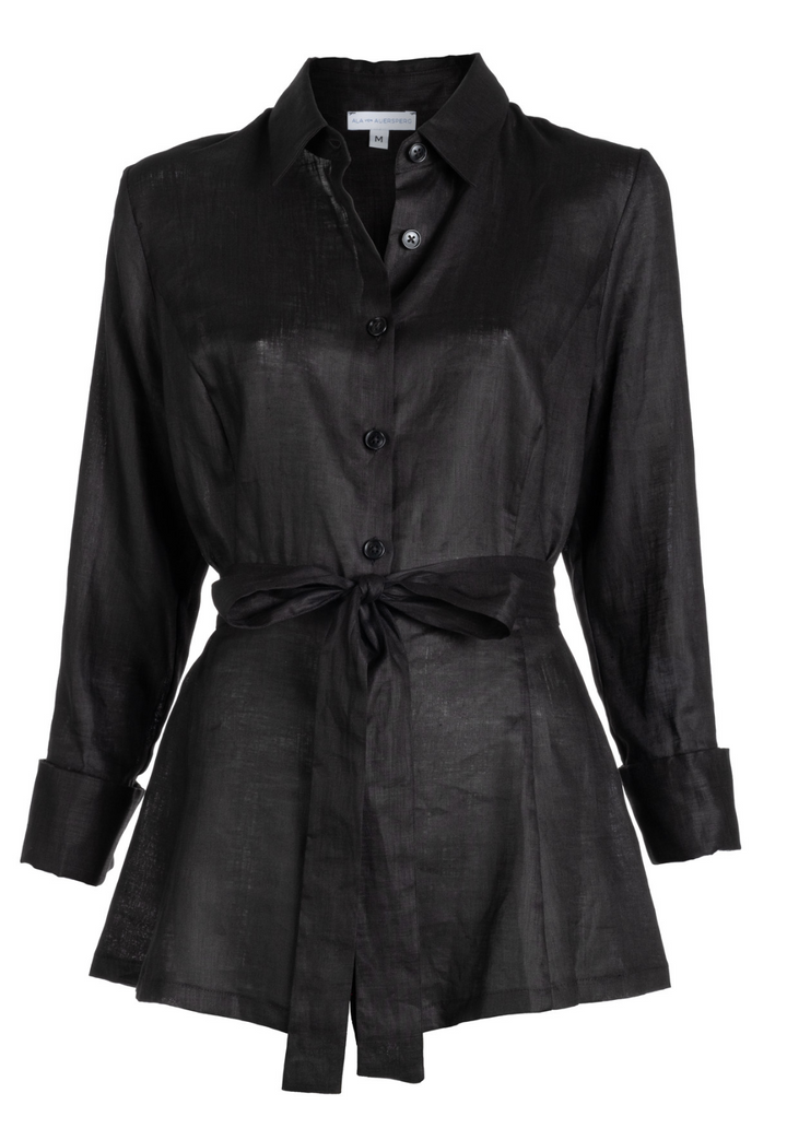 Woman wearing black linen shirt blouse with tie and italian stretch cotton black pants by Ala von Auersperg