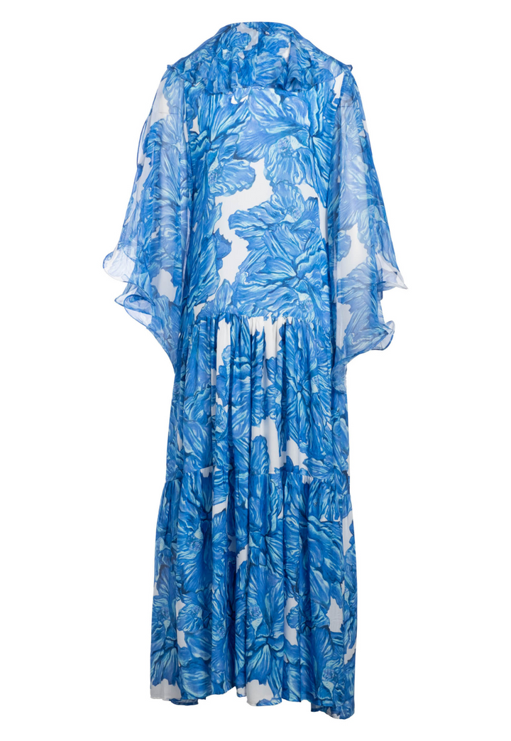 Flat image of a blue floral printed silk dress with neckline detail and sheer sleeves by designer Ala von Auersperg for women's black tie clothing