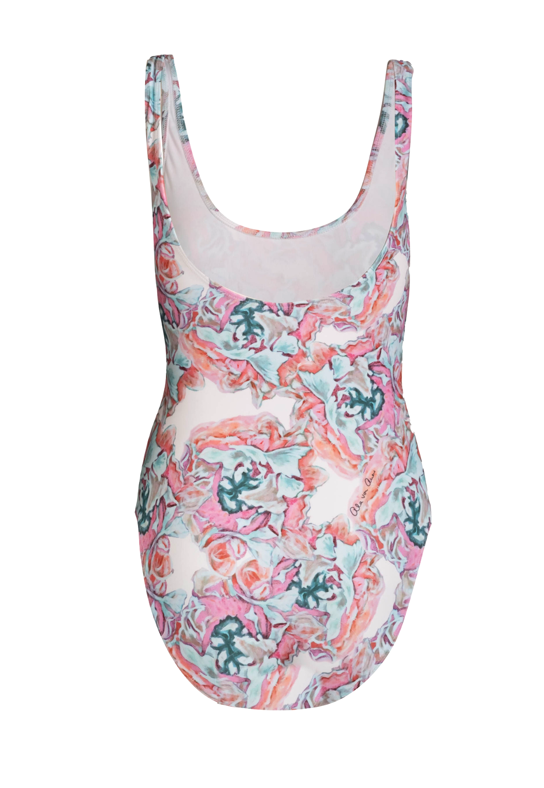 One piece bathing suit in a pink and green floral print by designer Ala von Auersperg for women's luxury resort travel fashion