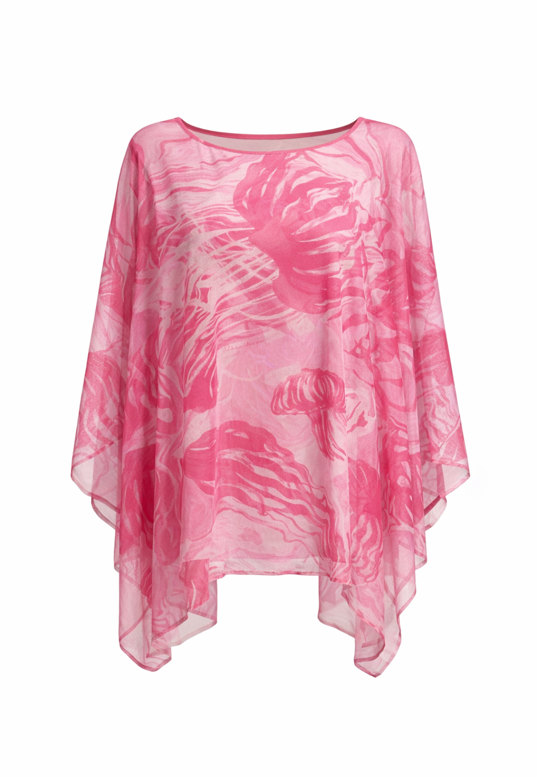 Pink floral patterned sheer top on a white background