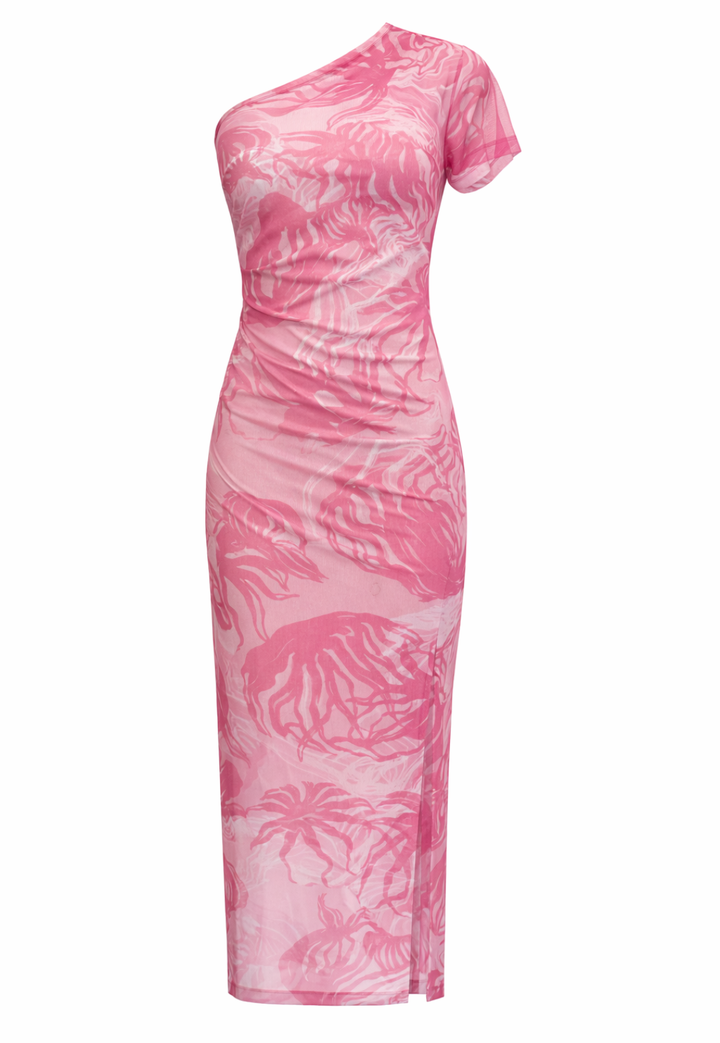 Pink one-shoulder dress with jellyfish pattern on a white background