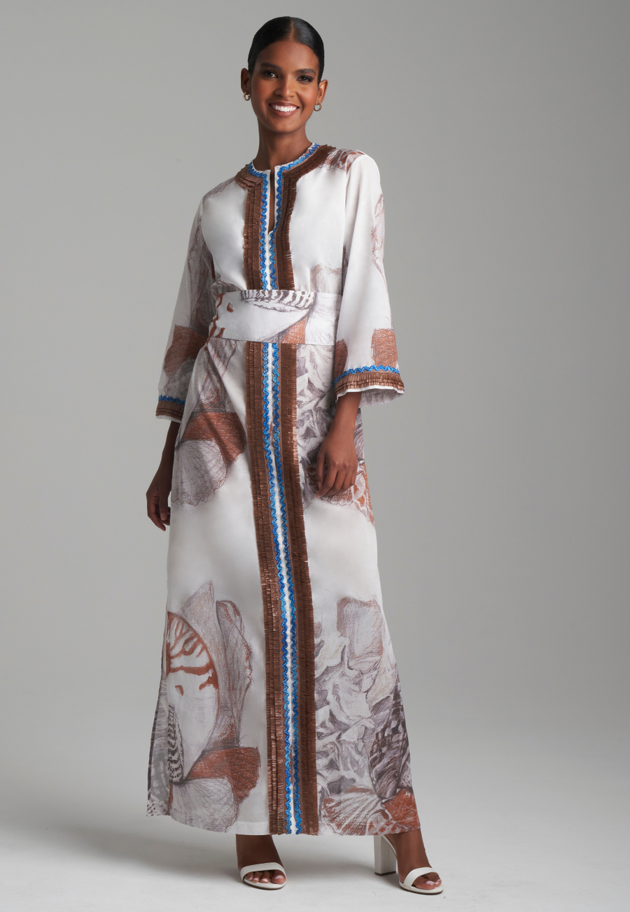 white christmas dresses Buy Green V-Neck with Dori Cotton Mini Length Kaftan Dress with Bird Print and Pom Pom Trim main image 1