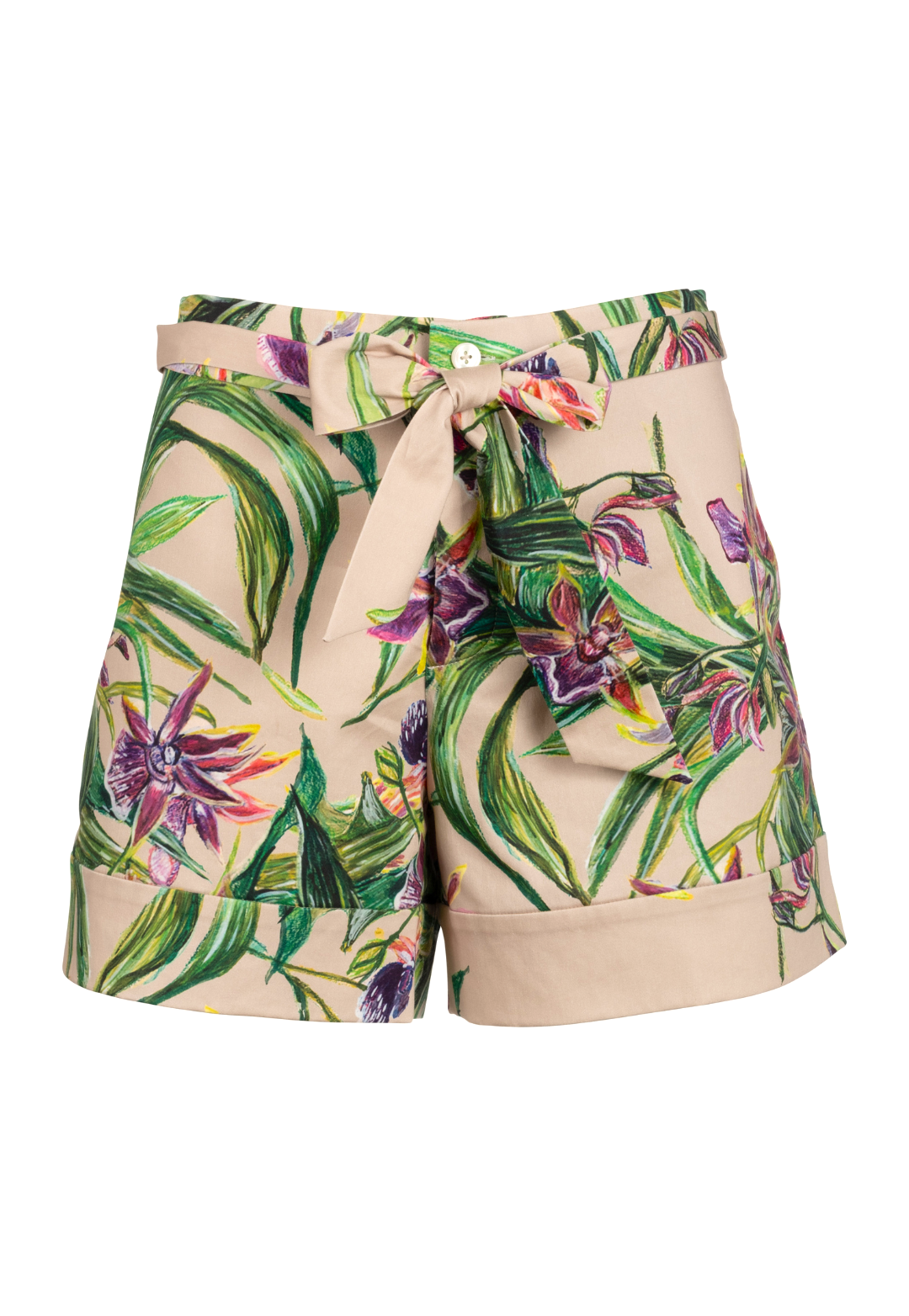 Woman wearing khaki colored cotton shorts with purple orchids on them by Ala von Auersperg for fall 2023