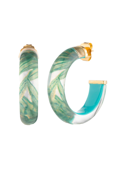 small green palm leaf lucite hoop earrings with 14K gold plated hardware