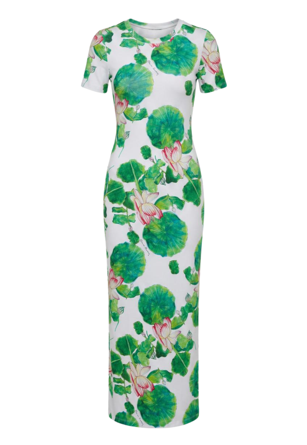 White dress with green floral pattern on a white background