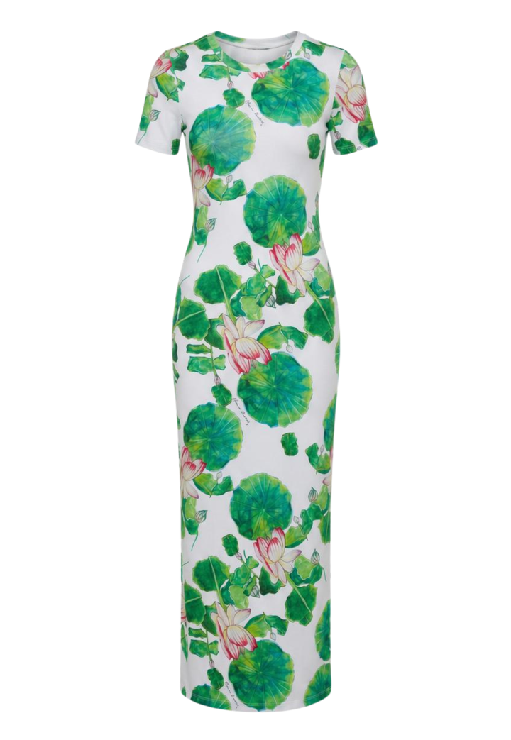 White dress with green floral pattern on a white background