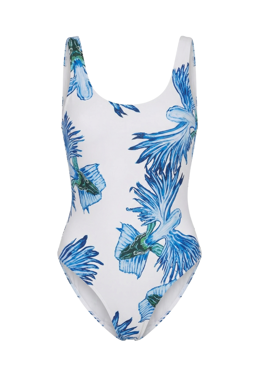 One-piece swimsuit with blue floral pattern on a white background