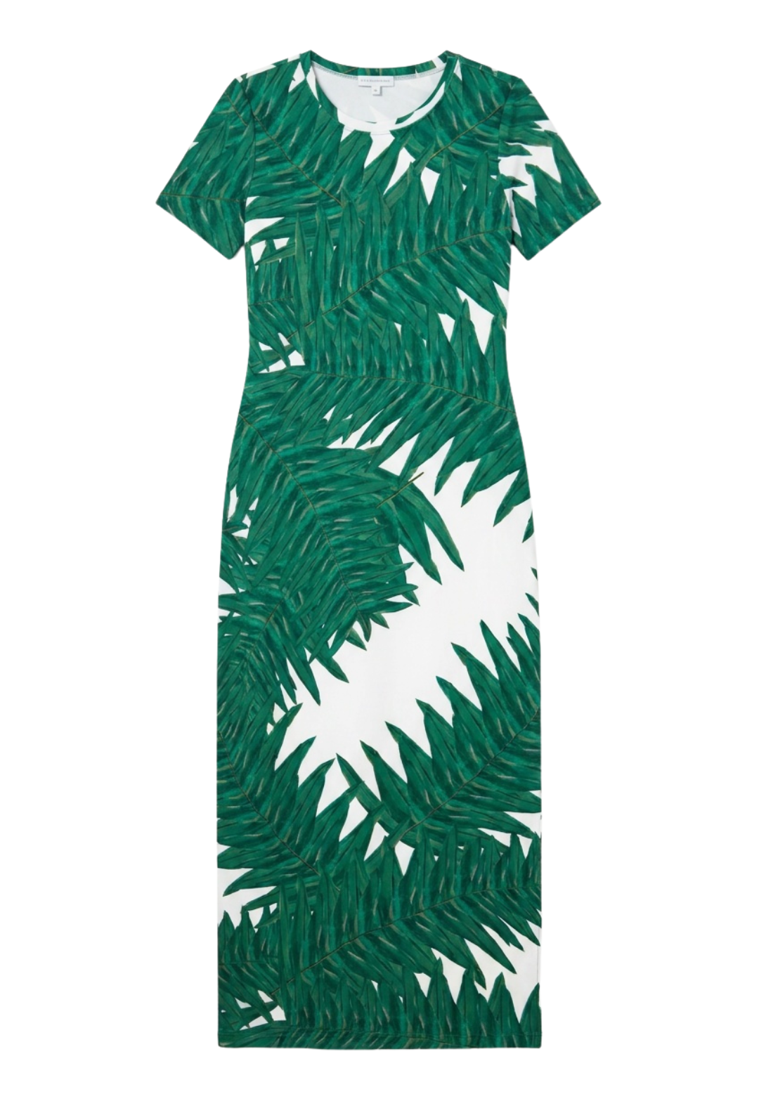 A short-sleeve midi dress with an all-over green palm leaf print on a white background, shown flat against a plain white backdrop.