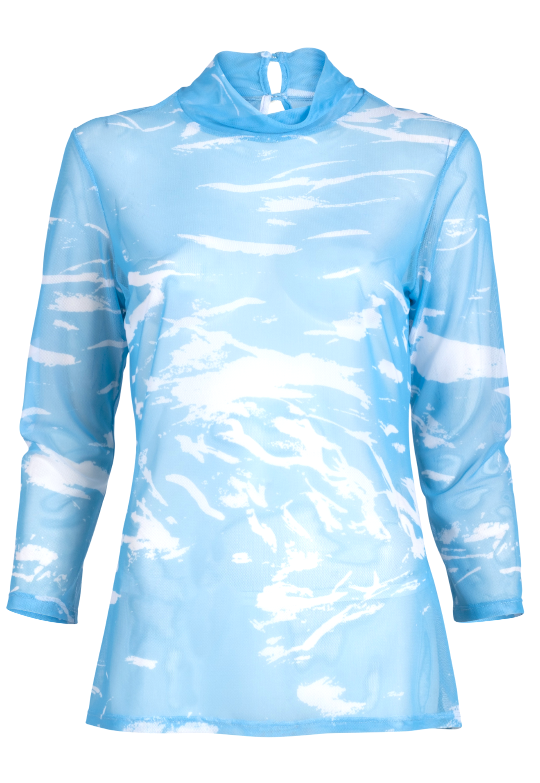 Woman wearing wave printed blue mesh turtleneck over stretch knit tank top and pants by Ala von Auersperg for summer 2023