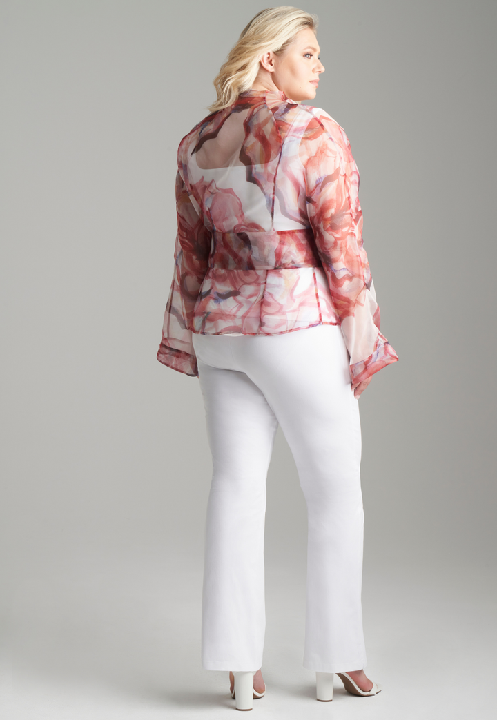 Woman wearing red rose printed silk organza kimono blouse with high neckline and belt over italian stretch cotton white tank top and pants by Ala von Auersperg