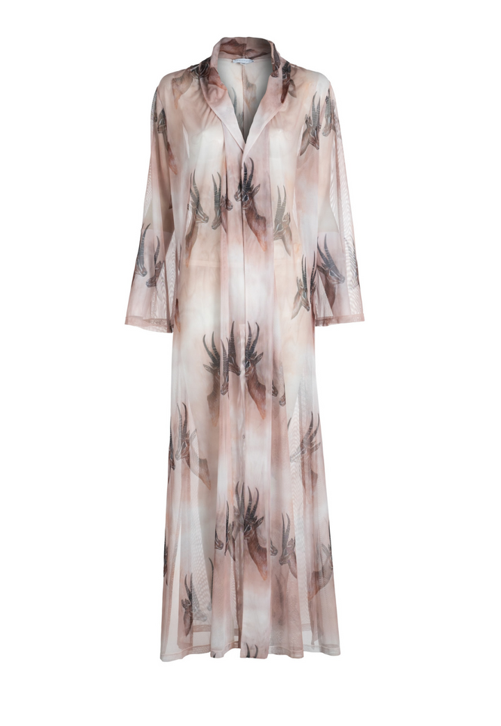 Woman wearing long mesh duster robe in brown deer print over white stretch knit tank top and pants by Ala von Auersperg for fall 2023