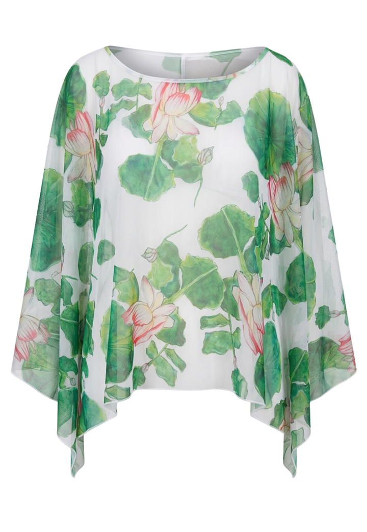 Floral and leaf patterned top on a white background
