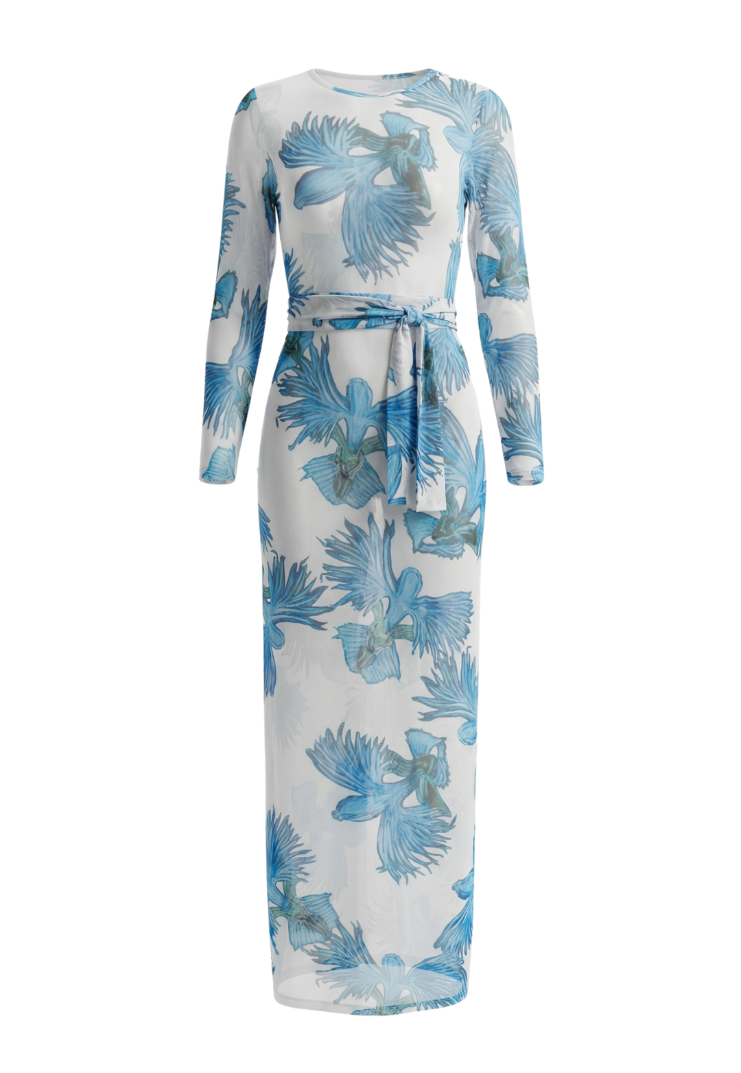 mesh long wrap dress in a blue floral print