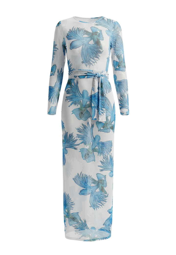 mesh long wrap dress in a blue floral print