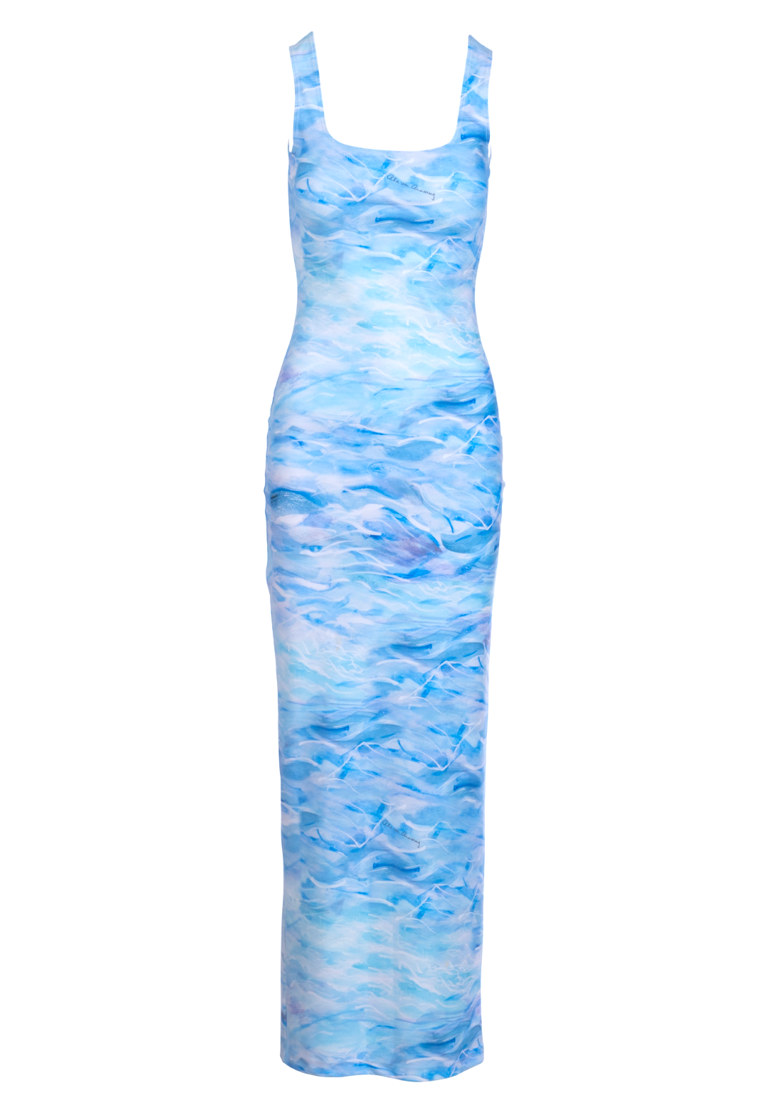 Woman wearing stretch knit ocean wave printed long dress by Ala von Auersperg for summer 2023