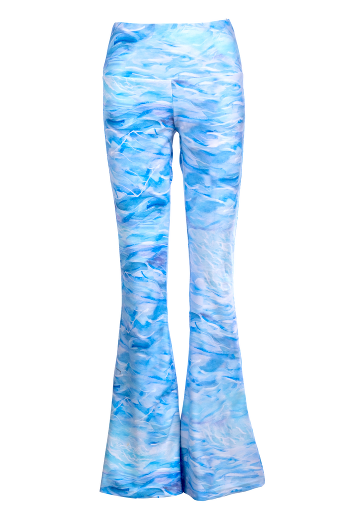 Wave printed blue stretch knit pant by Ala von Auersperg for summer 2023