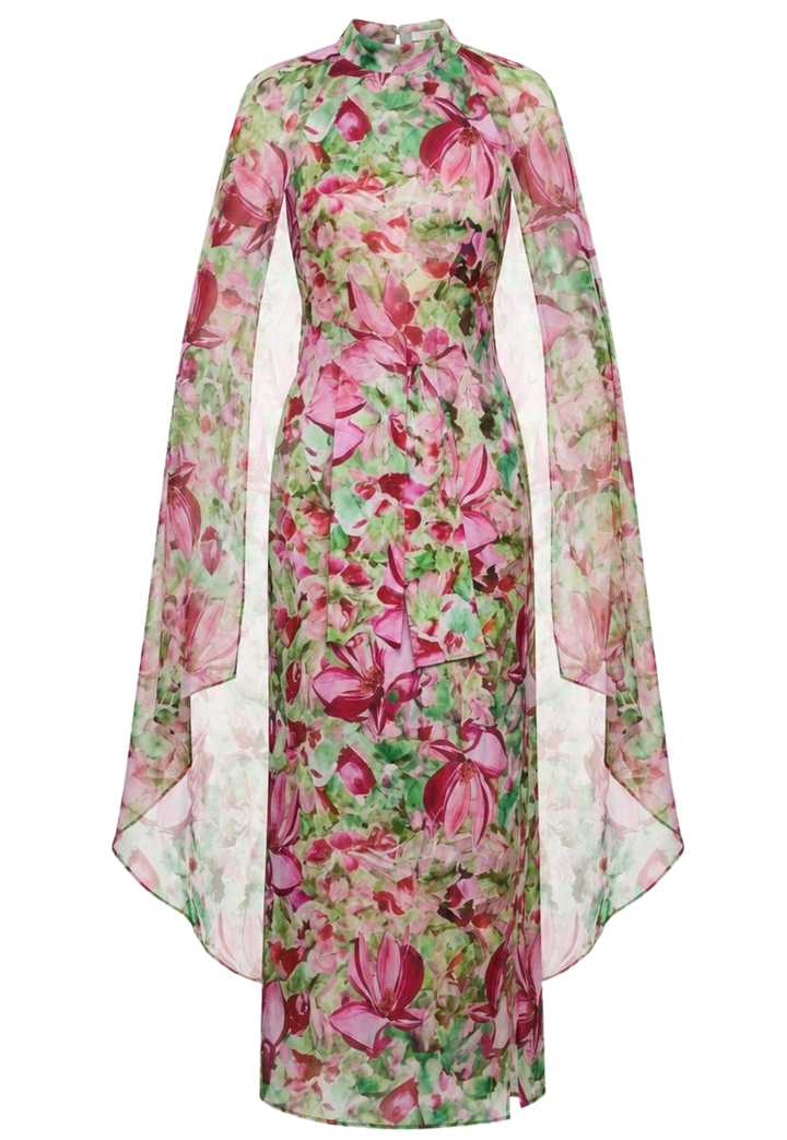 Floral dress with pink and green pattern on a white background