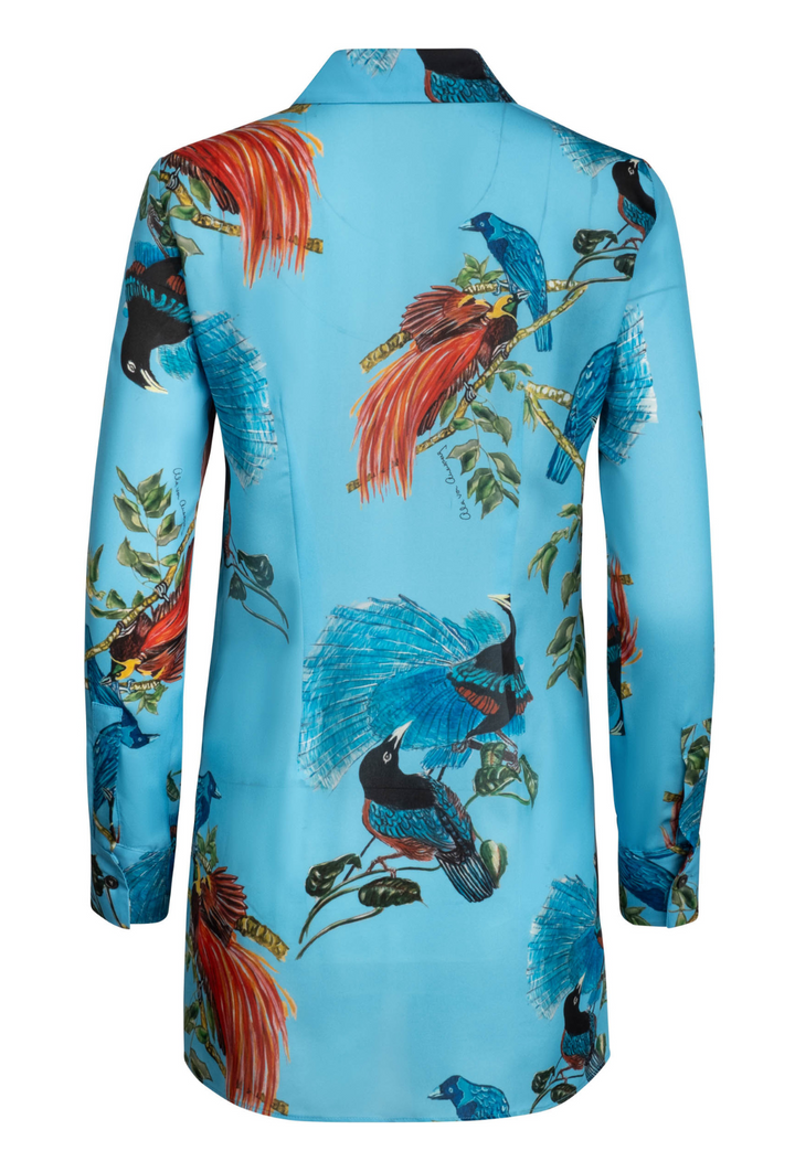 Ala Silk Blouse in Teal Bird Bouquet