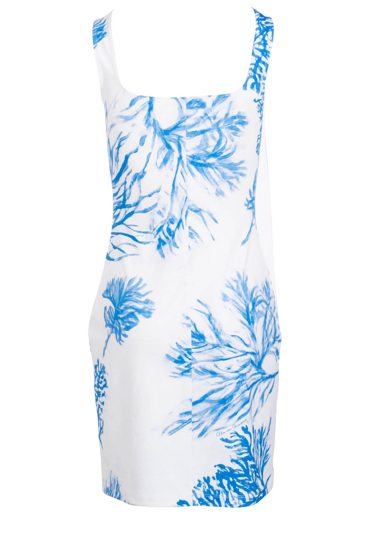 Short mini dress in a blue and white print by Ala von Auersperg for women's luxury resort clothing