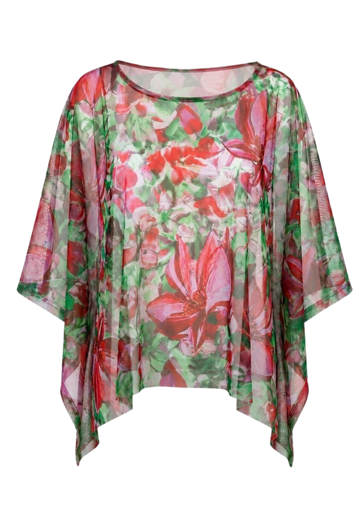 Floral print mesh top with red and green colors on a white background
