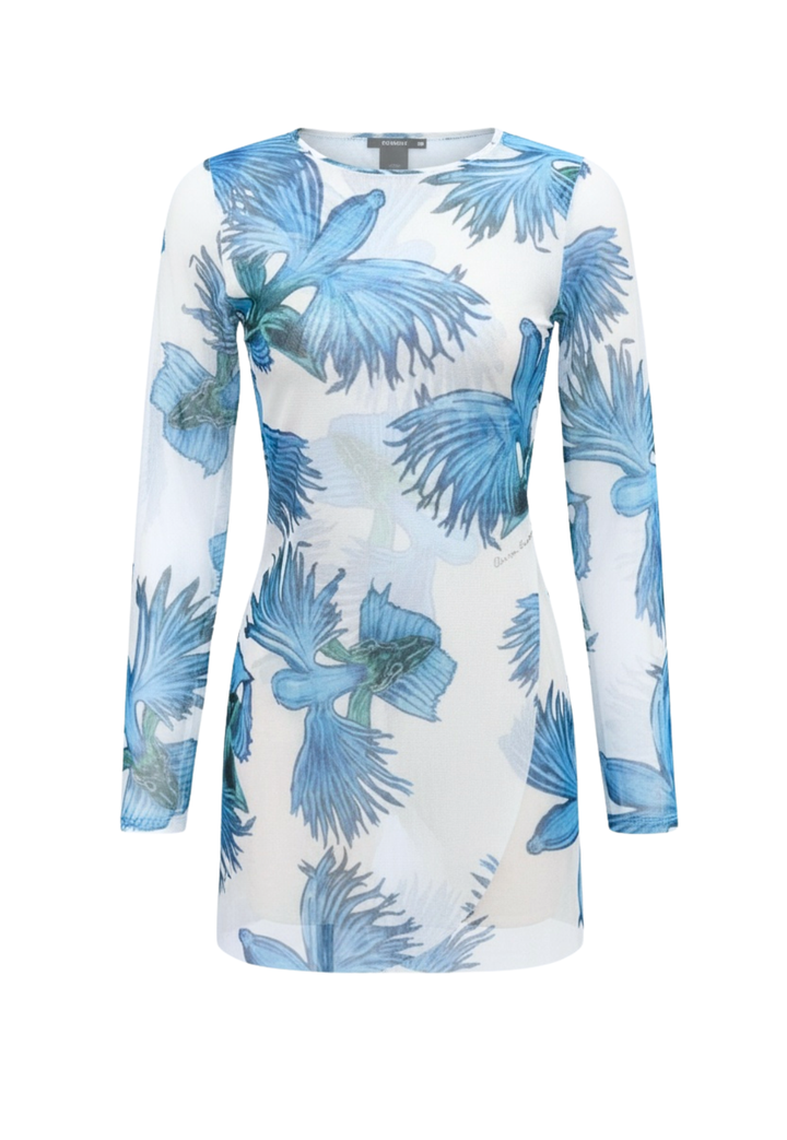 Long-sleeve mesh shirt with blue floral pattern on a white background