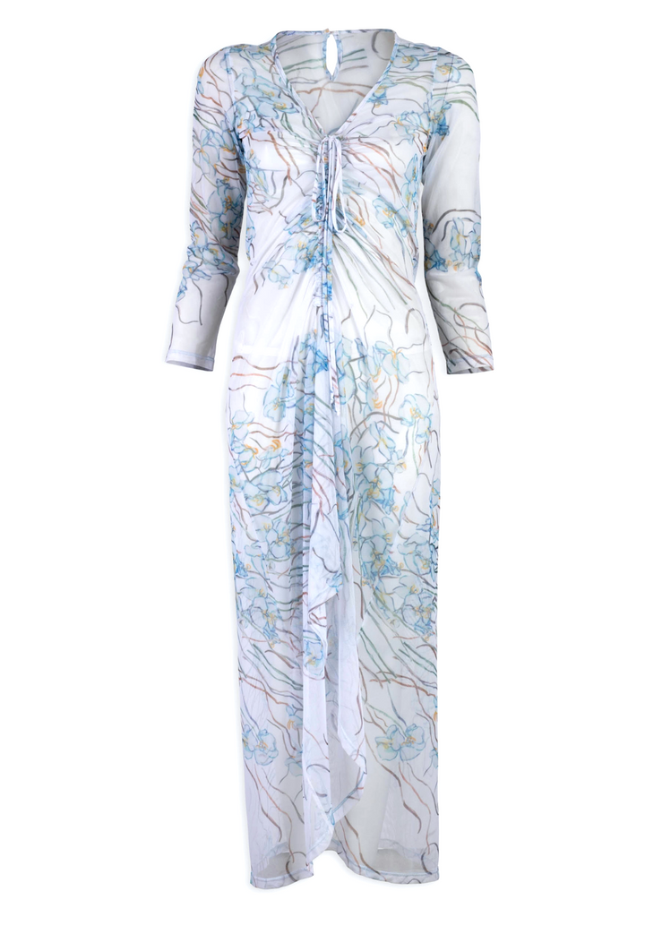 mesh drawstring bathing suit cover up dress topper in a blue orchid print with a white background by Ala von Auersperg for spring 2024