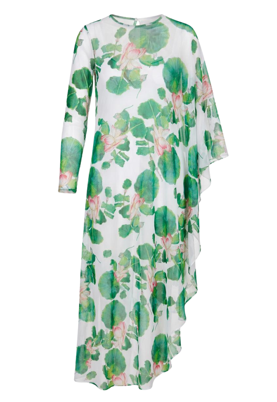 Floral mesh kaftan with green leaves and pink flowers on a white background
