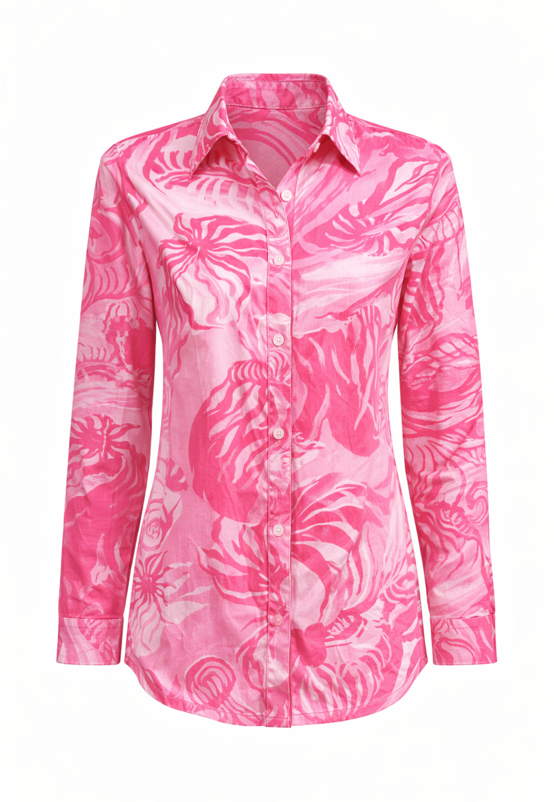 Pink floral patterned shirt on a white background