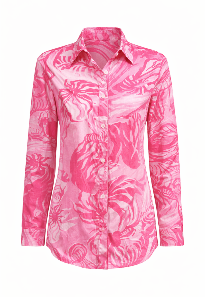 Pink floral patterned shirt on a white background