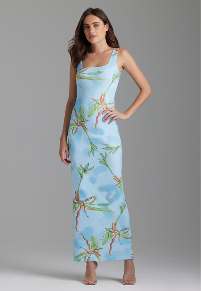 long blue green bamboo printed stretch knit dress by Ala von Auersperg for resort 2024
