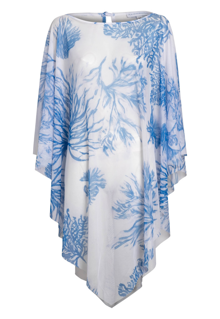 Sheer mesh poncho kaftan cover up in a blue and white coral sea fan print by painter Ala from Ala von Auersperg a designer for luxury women's clothing