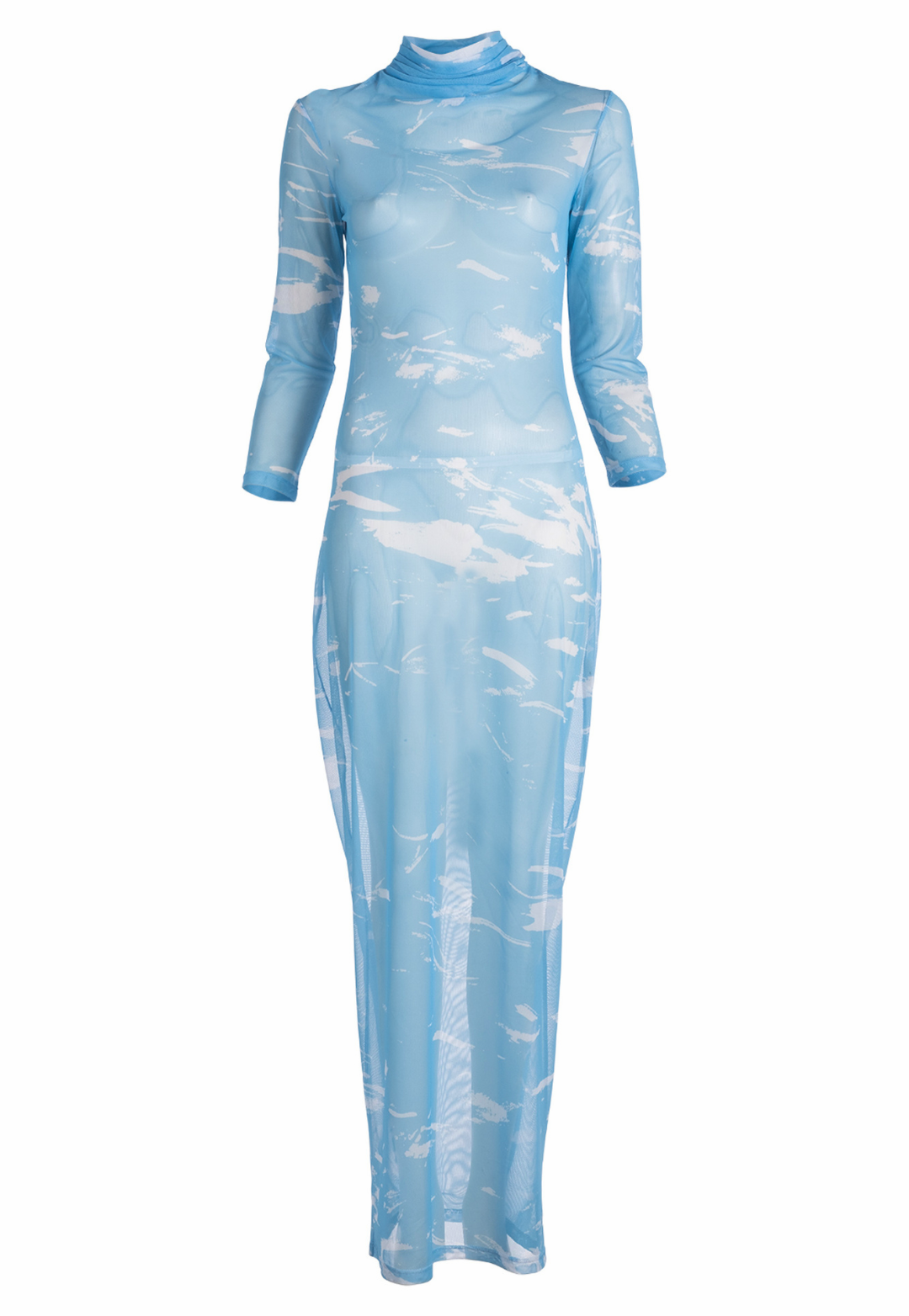 Woman wearing wave printed mesh turtlneck dress over white long stretch knit dress by Ala von Auersperg for summer 2023