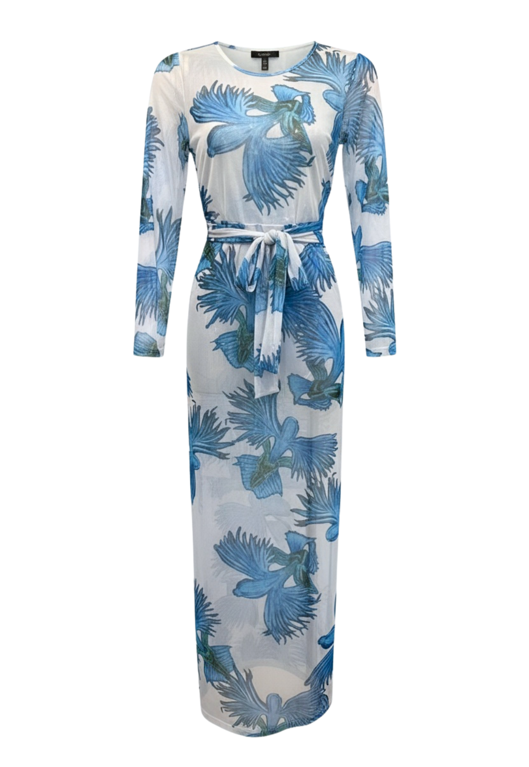 Long-sleeve dress with blue floral pattern on a white background