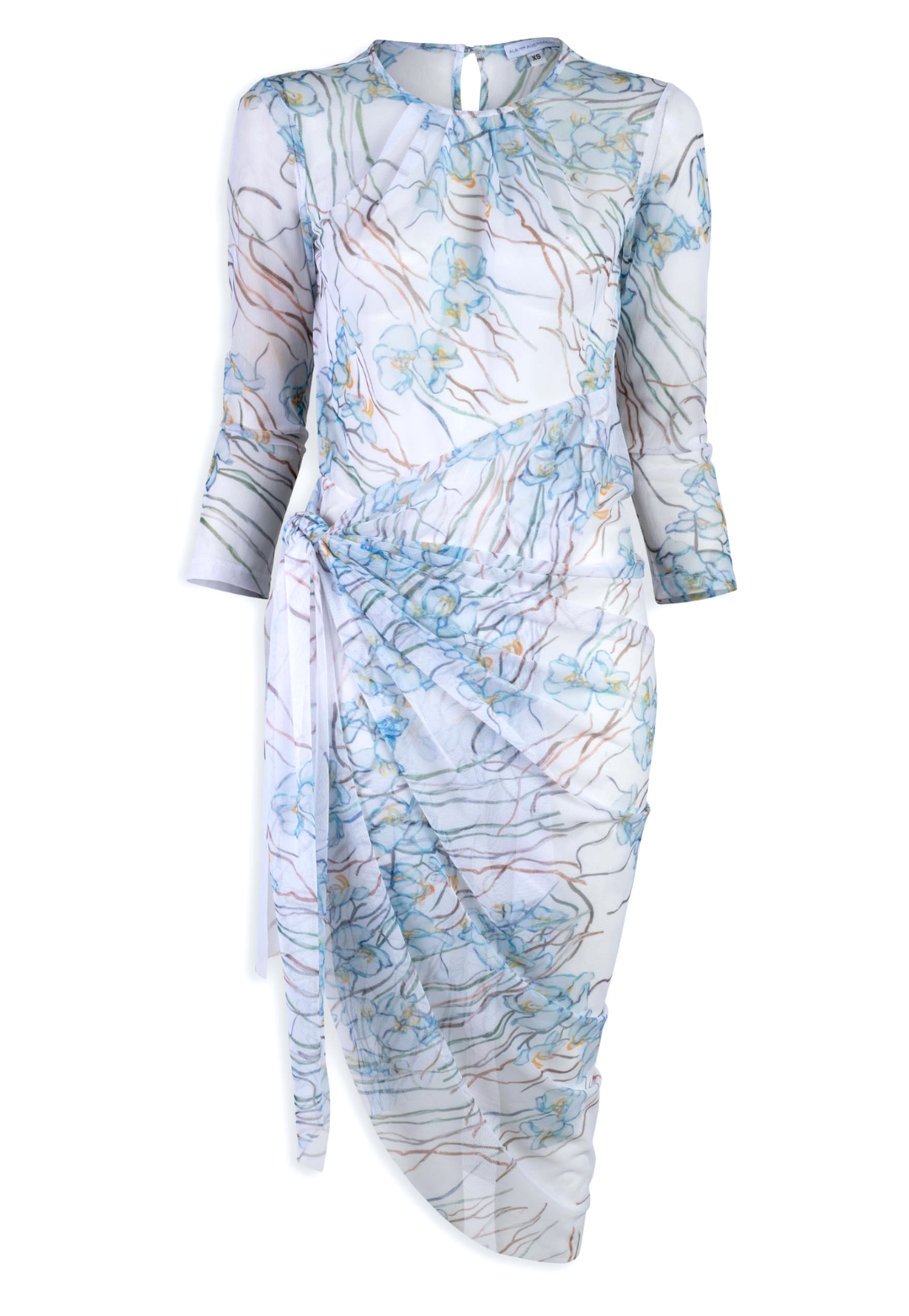 mesh sarong style wrap dress bathing suit cover up in a blue orchid print with a white background by Ala von Auersperg for spring 2024
