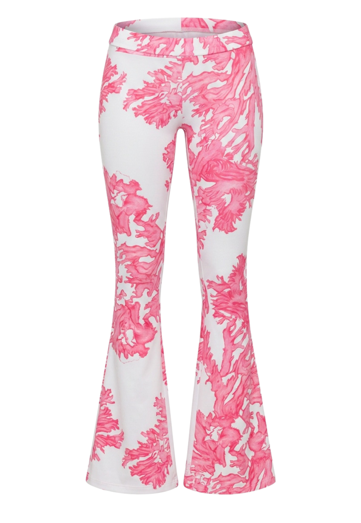 Flared pants with pink coral pattern on a white background