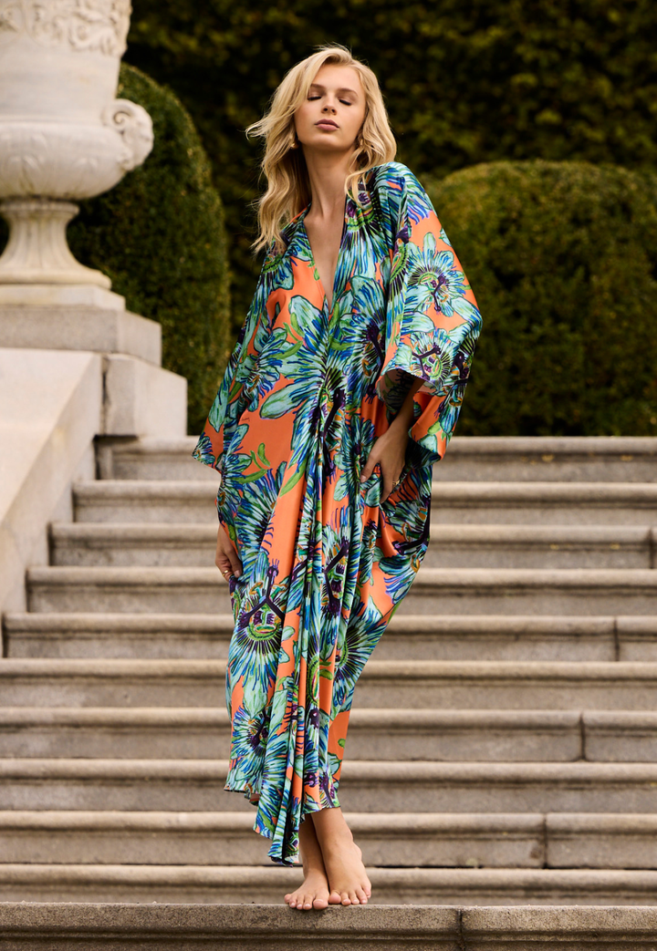 Maxine Silk Kaftan in Orange Passion Flower
