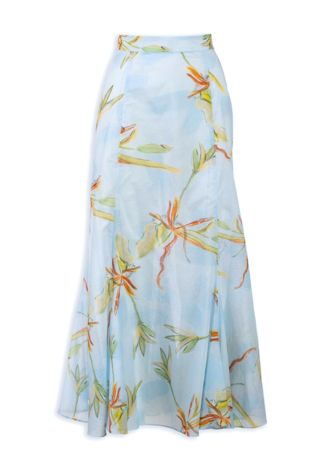 Woman wearing cotton bamboo printed wrap top with long flounce skirt by Ala von Auersperg for resort 2024