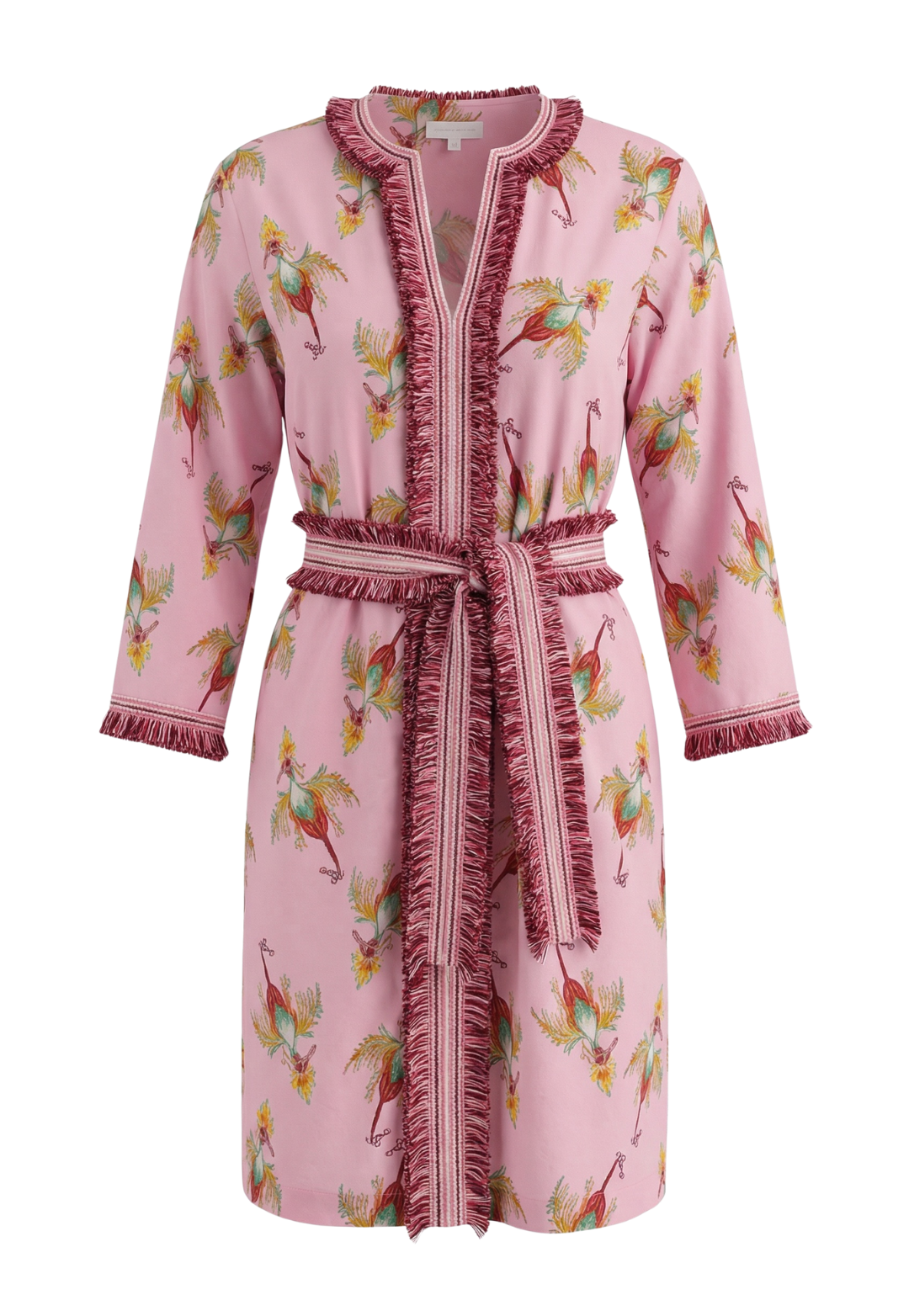 Pink floral dress with ruffled details on a white background