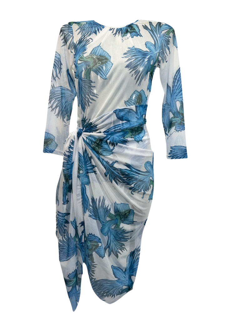 Blue and white floral dress with a knot detail on a white background