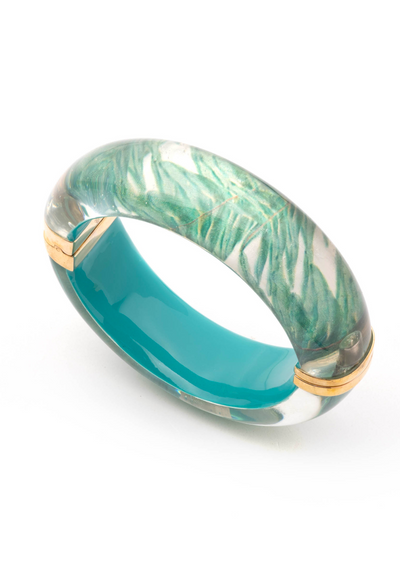 green palm leaf lucite bracelet with 14k gold plated hardware