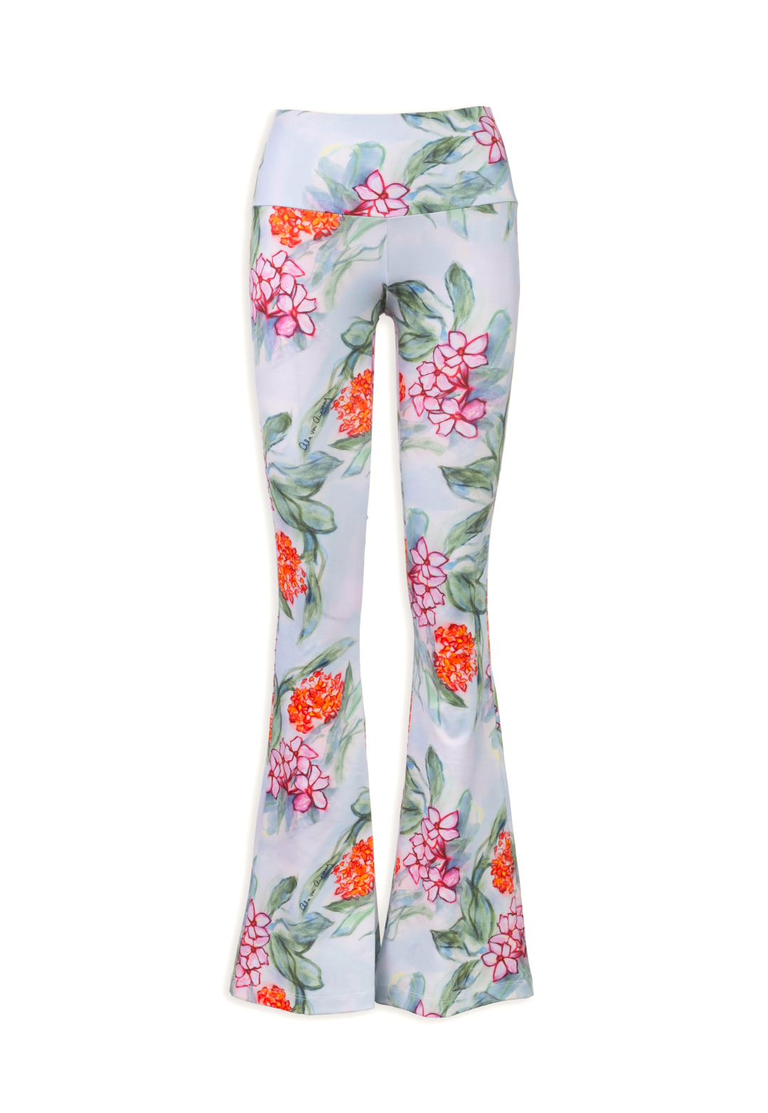 tropical floral printed pants with yoke band and flare leg by Ala von Auersperg for spring summer 2024