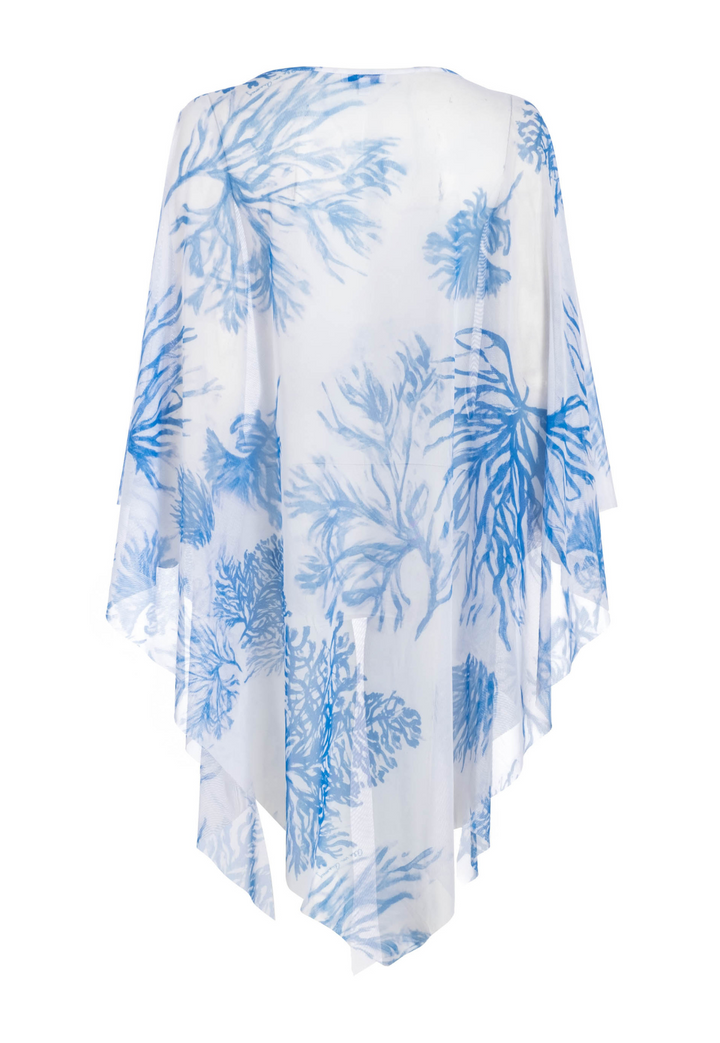 Sheer mesh poncho kaftan cover up in a blue and white coral sea fan print by painter Ala from Ala von Auersperg a designer for luxury women's clothing