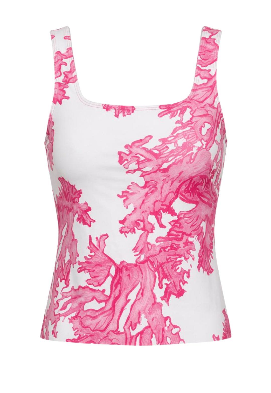 Pink and white coral patterned tank top on a white background