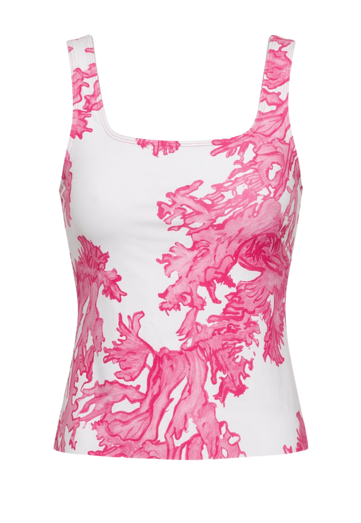 Pink and white coral patterned tank top on a white background